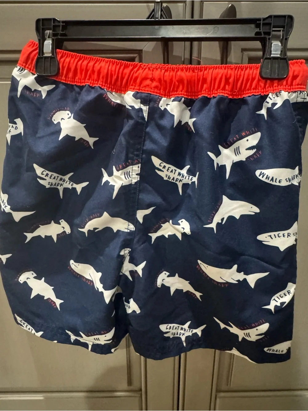 Mini Boden Navy Shark Swim Trunks with Red Waistband